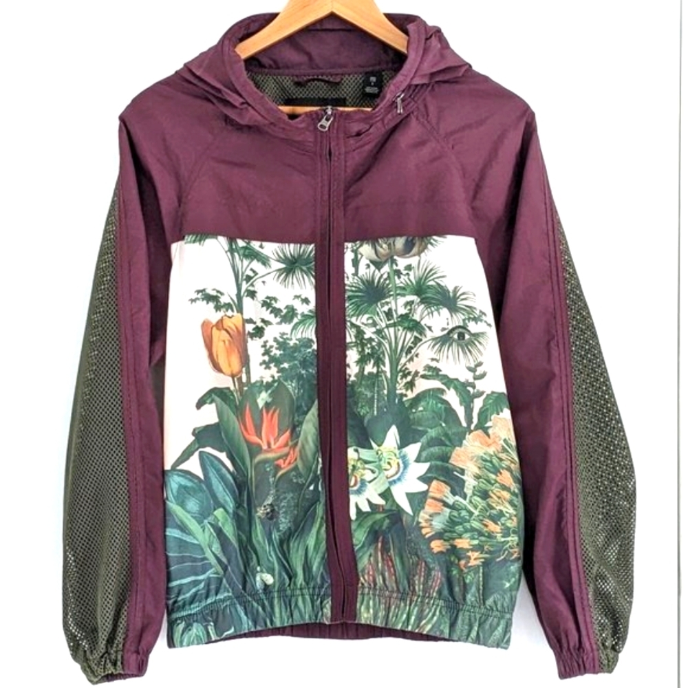 Scotch & Soda Plum Floral Forested Windbreaker with Zippered hood, Sz 1